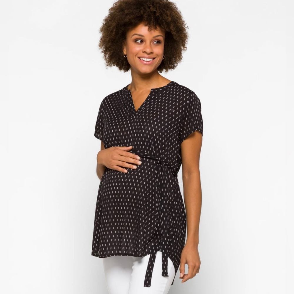 Full Moon Segura Short Sleeve Tie Waist Maternity Blouse - size S